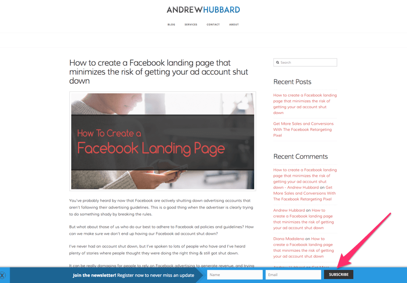 bottom bar email opt-in example