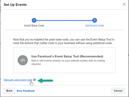 Manually add Facebook standard event code
