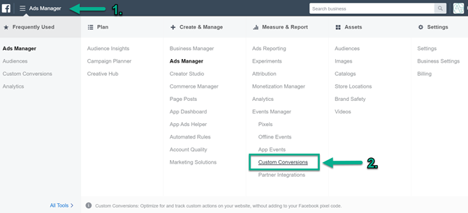 Facebook Custom Conversions in Menu