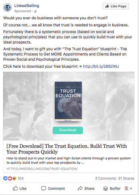 LinkedSelling example Facebook ad copy