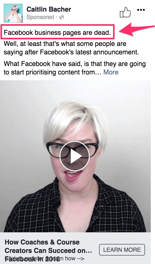 Caitlin Bacher example Facebook ad copy