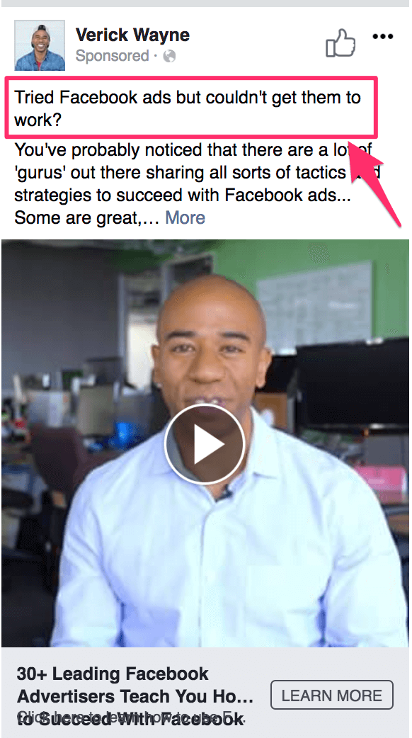 Verick Wayne asks a question to improve his Facebook ad copy