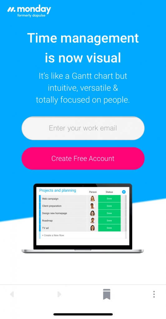 Example of a good mobile landing page from Monday