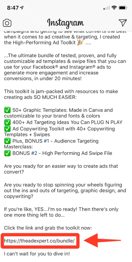How to write Instagram ad copy CTA example